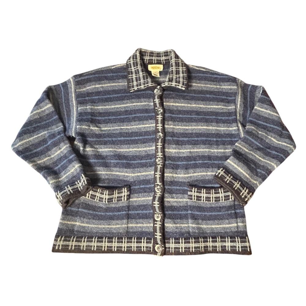 Vintage 80s Talbots Cardigan Lg Wool Striped Collared Button Front Grandmacore